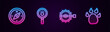 Set line Compass, Paw search, Trap hunting and print. Glowing neon icon. Vector