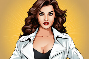 Retro comic illustration of a brunette woman with notable cleavage, confidently posing in a white jacket, rendered in pop art style.