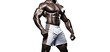 © Bussakon - Unleash strength. Muscular male fitness. Power and determination. Athletic bodybuilder journey on white background isolated. Building stronger. Fitness and muscle