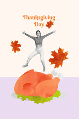 Wall Mural - Vertical collage picture of excited mini black white colors girl jump above big roasted turkey tray happy thanksgiving day