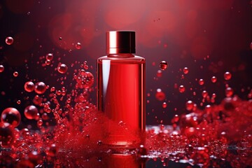 Cosmetic bottle with essence, red bubbles molecules in the background. Beauty product mock up