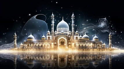 Wall Mural - golden arab palace greeting lights up at night fairy tale black background.