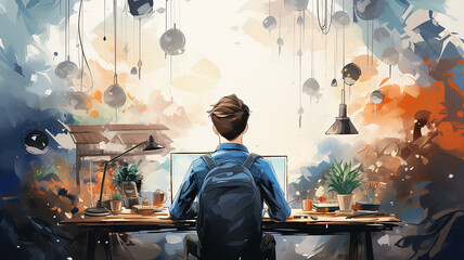 Fototapete - student at the table view from the back learning global drawing picture graphics