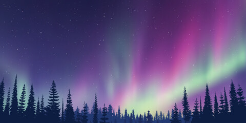 Wall Mural - contour of trees against the background of aurora borealis, winter holiday illustration
