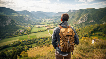 man on top of a cliff, hiker with a hiking backpack looking at a beautiful landscape, vegetation and