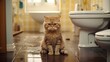 Sad domestic cat sitting on bathroom floor, looking ashamed after urinating outside the litter box. The image depicts a common pet toilet problem, with the unpleasant smell of cat urine in the air.