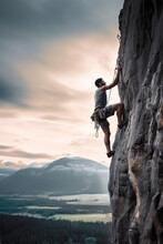 Man Climbing A Wall Of A Mountain In Outdoor Sport