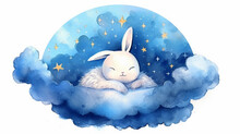 Cute Little Bunny Rabbit Sleeping On A Cloud Watercolor Drawing.