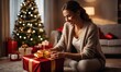 © Kevin - Smiling young woman wrapping Christmas gifts in front of a Christmas Tree in her living room, Generative AI