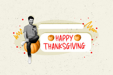 Sticker - Artwork collage picture of black white colors guy sit pumpkin use smart phone texting happy thanksgiving dialogue bubble