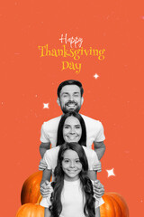 Sticker - Vertical collage image of pile stack black white effect family pumpkin happy thanksgiving day greetings isolated on orange background