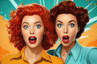 Two friends in retro pop art: Wide-eyed surprise, vivid lips, and dramatic expressions, watching news together.