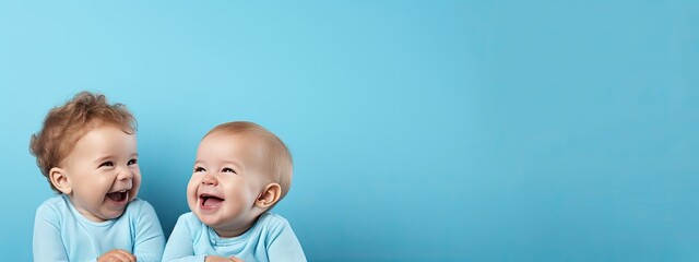 Happy cheerful laughing young baby . With a simple background color for copy text space, wide screen for ads and banners. Generative AI