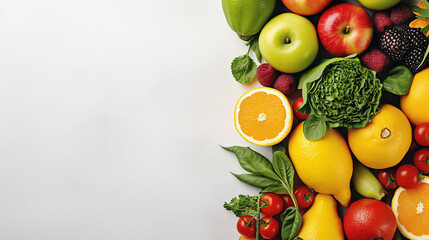 Wall Mural - different colored fruits row on white background.