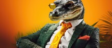 Animal Crocodile Portraits, Cool Business Animal In Sunglasses And Suit. With Copy Text Space, Wide Screen. Simple Background, Generative AI