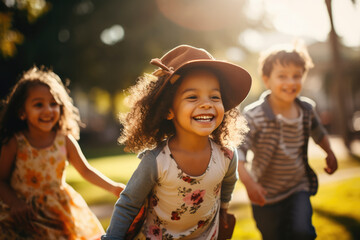 children of diverse backgrounds playing joyfully together in a colorful park, celebrating unity and 