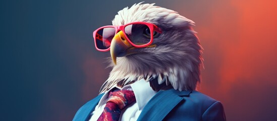 Wall Mural - Animal eagle portraits, Cool business animal in sunglasses and suit. With copy text space, wide screen. Simple background, Generative AI