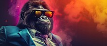 Animal Gorilla Portraits, Cool Business Animal In Sunglasses And Suit. With Copy Text Space, Wide Screen. Simple Background, Generative AI