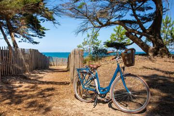 Wall Mural - Vieux vélo bleu en bord de mer sur le littoral français en Vendée.