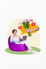 Poster - Collage 3d image of pinup pop retro sketch of excited happy young girlfriend sit bean bag online present delivery flowers bizarre unusual