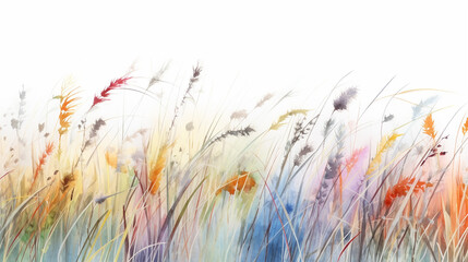 Wall Mural - wild grass field watercolor white rainbow multicolored background.