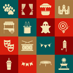 Sticker - Set Attraction carousel, Firework rocket, Classic dart board and arrow, Magician hat rabbit ears, Fast street food cart with awning, Paw print and Ghost icon. Vector