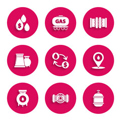 Poster - Set Oil exchange, water transfer, convert, Industry metallic pipes and valve, Propane gas tank, Refill petrol fuel location, industrial factory building, and drop with dollar symbol icon. Vector