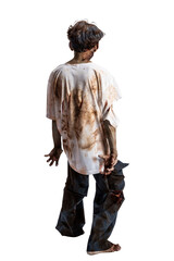 Wall Mural - Rear view of a scary zombie with blood and wounds on his body walking