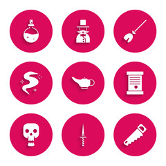 Sticker - Set Magic lamp or Aladdin, Dagger, Hand saw, Decree, paper, parchment, scroll, Skull, fog smoke, Witches broom and Bottle with love potion icon. Vector