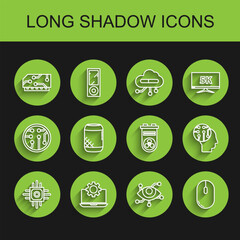 Poster - Set line Processor, Laptop and gear, RAM, random access memory, Virtual reality, Computer mouse, Voice assistant, Human brain digital circuit board and Video graphic card icon. Vector