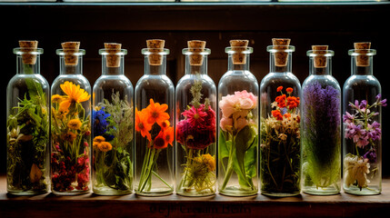 Wall Mural - Tincture of herbs and flowers in a bottle. Generative AI.