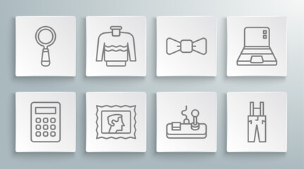 Canvas Print - Set line Calculator, Sweater, Postal stamp, Gamepad, Pants with suspenders, Bow tie, Laptop and Magnifying glass icon. Vector