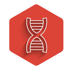 Sticker - White line DNA symbol icon isolated with long shadow background. Red hexagon button. Vector