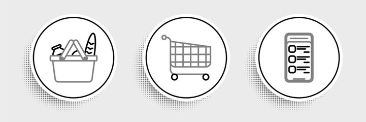 Poster - Set line Online shopping on mobile phone, Shopping basket and food and cart icon. Vector