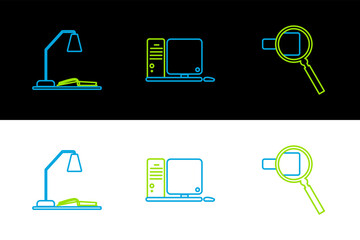 Poster - Set line Magnifying glass, Workplace with table lamp and open book and Computer monitor keyboard mouse icon. Vector