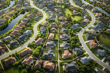 Poster - An aerial view shows a gated community in a suburban area, with uniform houses and neatly maintained lawns