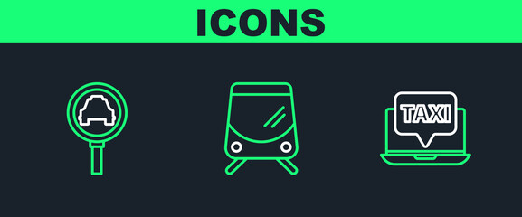 Poster - Set line Laptop call taxi service, Magnifying glass and car and Tram railway icon. Vector