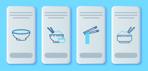 Canvas Print - Set line Rice in a bowl with chopstick, Asian noodles and chopsticks, Bowl of hot soup and icon. Vector