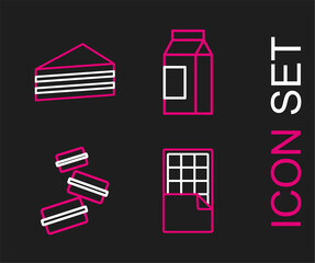 Poster - Set line Chocolate bar, Macaron cookie, Paper package for milk and Cake icon. Vector