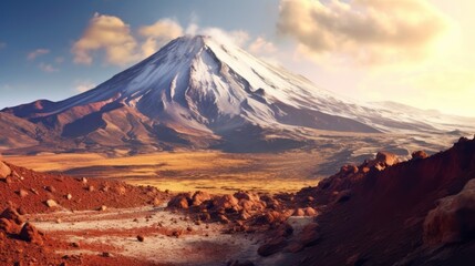 Poster - Sleeping volcano on a beautiful summer day. Scenic Landscape of mountains. Beautiful drone shot of the dry meadows near the summit of the sleeping volcano. Beautiful natural landscape at dawn.