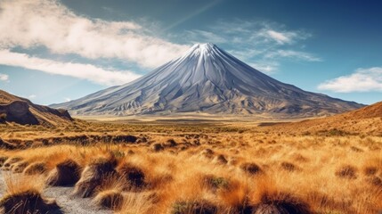 Poster - Sleeping volcano on a beautiful summer day. Scenic Landscape of mountains. Beautiful drone shot of the dry meadows near the summit of the sleeping volcano. Beautiful natural landscape at dawn.