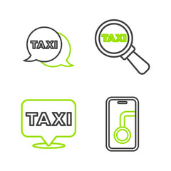 Poster - Set line City map navigation, Location with taxi, Magnifying glass and car and Taxi call telephone service icon. Vector