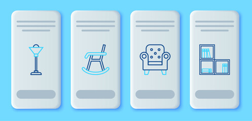 Poster - Set line Armchair, Floor lamp and Shelf with books icon. Vector
