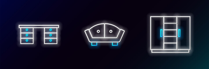 Poster - Set line Wardrobe, Office desk and Sofa icon. Glowing neon. Vector