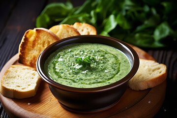 Poster - A bowl of creamy spinach soup served next to slices of garlic bread, providing a warm and filling meal