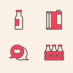 Canvas Print - Set Bottled milk in wooden box, with, Paper package for kefir and Udder icon. Vector