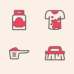 Poster - Set Brush for cleaning, Laundry detergent, Dirty t-shirt and Washing powder icon. Vector