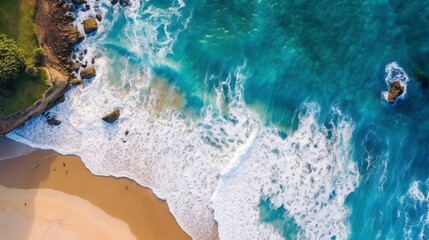 Wall Mural - Beautiful aerial shot of the summer shore of the ocean. Waves crashing on the beach drone shot. Bright summer day at the beach. Travel concept. AI Generated.