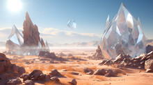 A Fantastical Desert Landscape Illustration With Mountains And The Moon Made Of Glass And Diamonds In A Fictional World