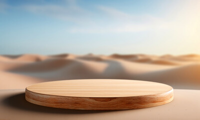 Poster - Wooden round pedestal product stand on sand dune background. High quality photo